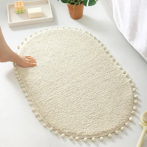 Miniatura 21 de YIRDDEO - Alfombra de baño verde oliva con pompones para baño, antideslizante, linda alfombra de baño boho con pompones ovalados absorbentes