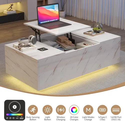 Miniatura 7 de Mesa de Centro LED Moderna de 47" con 2 Cajones, Mesa Central de Doble Capa de Alto Brillo con Carga Inalámbrica y Altavoz Bluetooth Integrado, Mesa