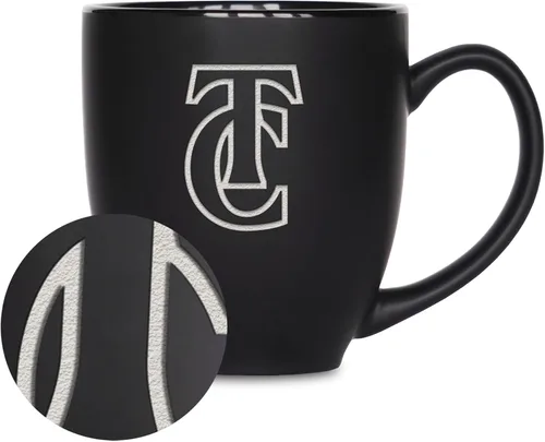 Miniatura 291 de Rico Industries - Taza de cerámica mate negra con grabado láser estándar de 15oz para NCAA (escuelas T & U) - Para bebidas calientes o frías