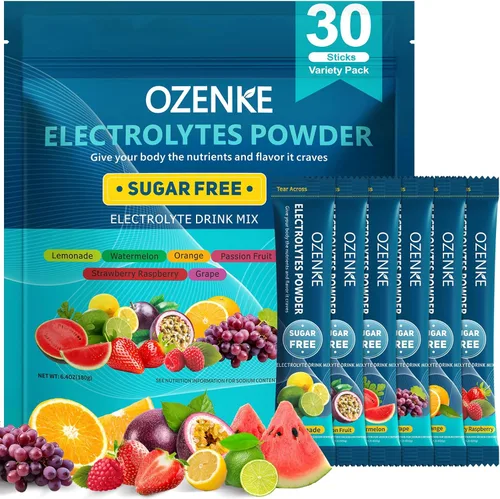 Paquetes de Polvo de Electrolitos, 30 Sobres de Hidratación Sin Azúcar, Mezcla de Bebida de Electrolitos para Viaje y Hidratación Rápida, 6 Sabores