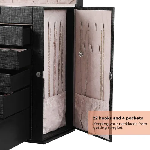 Miniatura 6 de ANWBROAD Caja de joyería grande de 6 niveles, organizador de joyas con cerradura de espejo, caja de joyería para niñas, aretes, anillos, collares