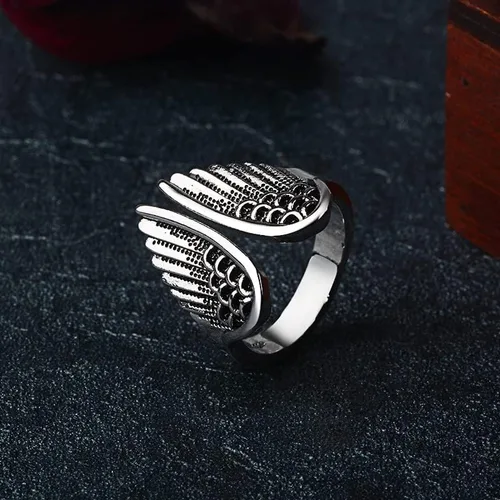 Miniatura 3 de Anillo de alas de ángel de plata 925 para mujer, estilo vintage, tailandés, teñido de plata negra, anillo abierto, hip hop, rock, eternidad