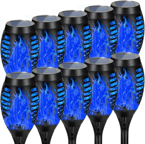 Miniatura 15 de Paquete de 4 antorchas solares impermeables para exteriores, llama parpadeante azul, luces solares de jardín para patio, antorchas Tiki