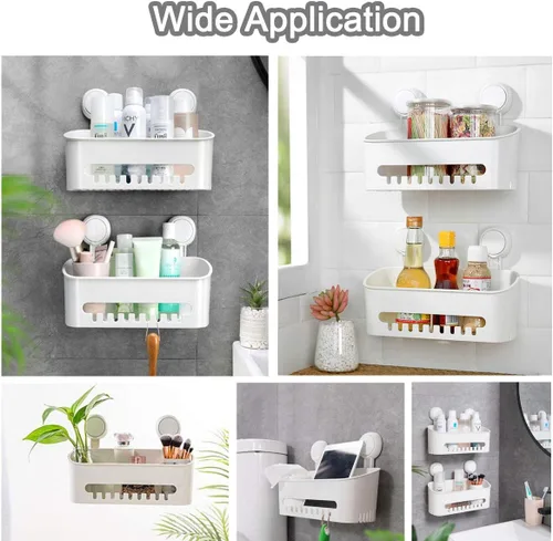Miniatura 2 de Organizador de ducha de plástico con ventosa, estante de baño, fuerte potencia de succión con ganchos de cerca, estante de cocina, impermeable, a