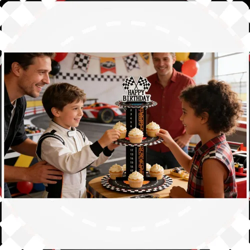 Miniatura 2 de Soporte de 3 niveles para cupcakes de autos de carreras en blanco y negro, decoración de fiesta de cumpleaños, para carreras, auto de carreras