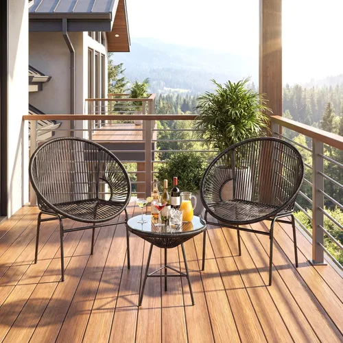 Miniatura 3 de Tangkula Juego de 3 muebles de patio al aire libre, juego de sillas Acapulco con cuerda de plástico, mesa de vidrio templado, juego de bistró