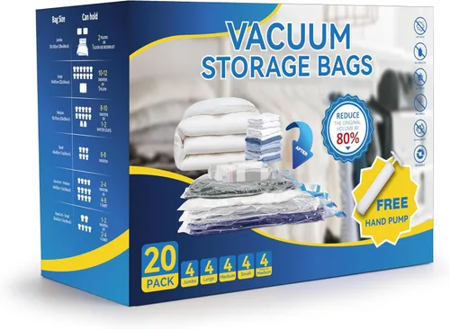 Paquete de 20 bolsas de almacenamiento al vacío (4 Jumbo/4 Grandes/4 Medianas/4 Pequeñas/4 Rollos M), bolsas de sellado al vacío con bomba de mano
