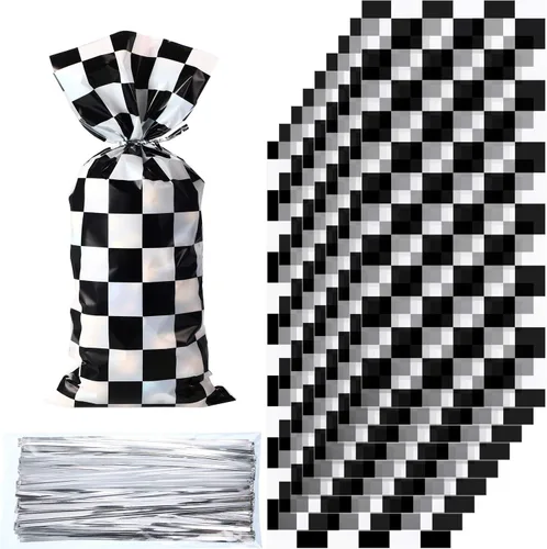 Blulu 100 bolsas de celofán para caramelos, color negro y blanco, a cuadros, bolsas de plástico para regalo de carreras, bolsa de regalo, bolsa de