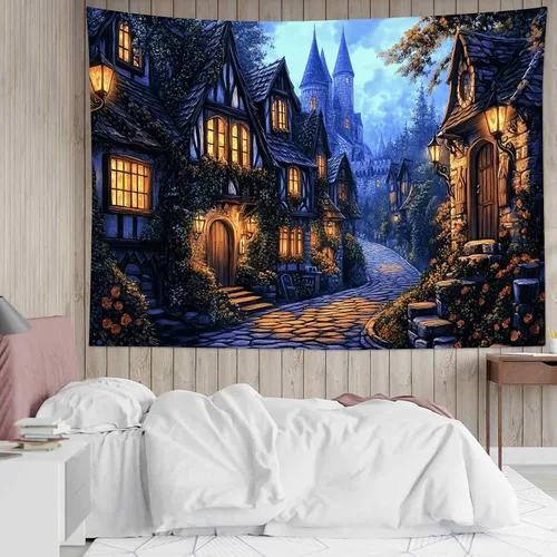 Miniatura 14 de LB Tapiz de cielo nocturno, luna llena en el mar, tapiz para colgar en la pared, tapiz de nube blanca de fantasía, tapiz de acuarela, arte de pared