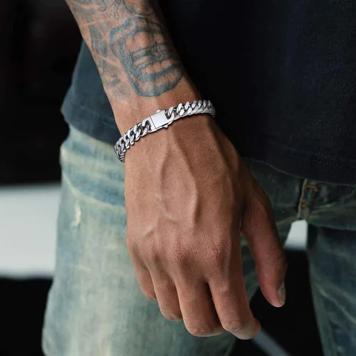 Miniatura 2 de ChainsProMax Pulseras de cadena cubana de acero inoxidable para hombre, 5790.472 in de ancho, 7.58.39 pulgadas de largo, negrodorado