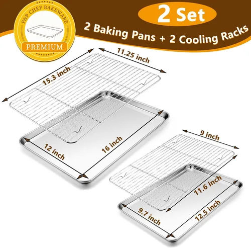 Miniatura 2 de P&P CHEF Juego de bandejas para hornear de acero inoxidable de 16 + 12.5 pulgadas con rejilla (2 bandejas + 2 rejillas), bandejas para galletas