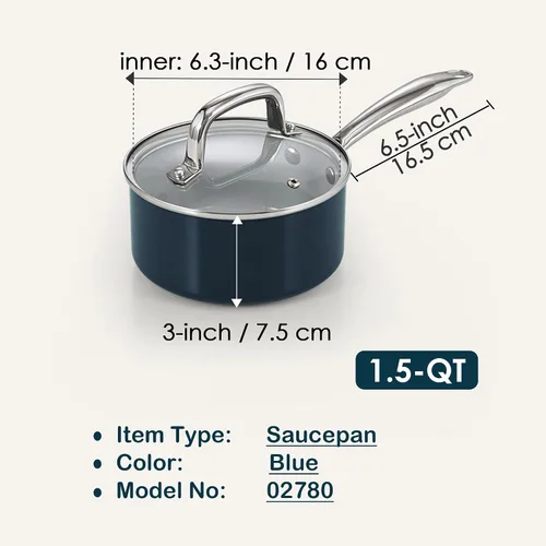 Miniatura 3 de Cook N Home Cacerola clásica antiadherente de cerámica de 1.5 cuartos de galón con tapa de vidrio, sartén de cocción de avena para sopa de leche