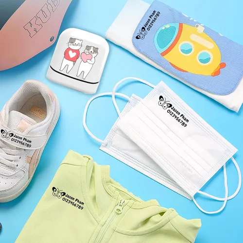 Miniatura 2 de Sello de nombre para ropa para niños, sello con nombre personalizado, impermeable, 4 colores y 36 patrones de dibujos animados (concha de sello azul)