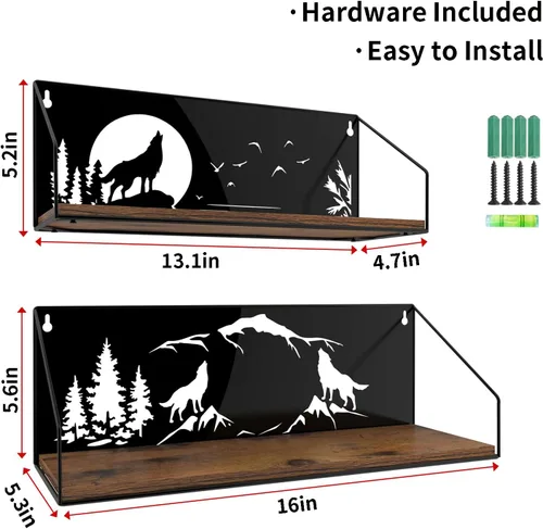 Miniatura 3 de Giftgarden - Estantes flotantes para pared con diseño único de lobos aulladores recortados, estante de madera de hierro rústico con decoración
