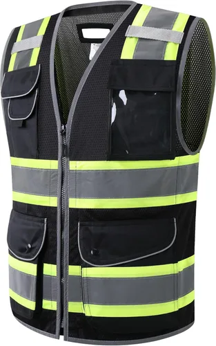 JKSafety - Chaleco de seguridad de malla negra de alta visibilidad con 11 bolsillos para hombres y mujeres, chaleco reflectante de construcción con