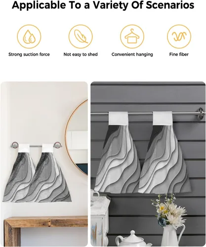 Miniatura 4 de Toallas de cocina con lazo para colgar, toallas de mano abstractas onduladas de color gris degradado, suaves, absorbentes, para baño, bar, hogar