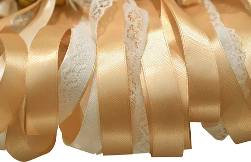 Miniatura 3 de Kingsnow Paquete de 50 varitas de cinta de encaje color champán, serpentinas de fiesta con campanas, varita de hada de seda, recuerdos de fiesta