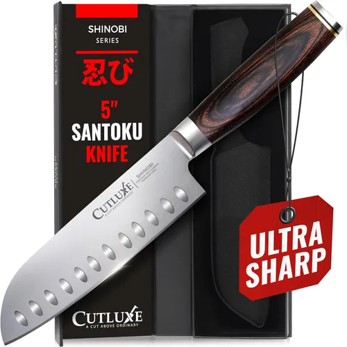 Cuchillo Santoku – Cuchillo japonés ultra afilado de 5 pulgadas para carne y verduras para picar, hoja de acero inoxidable de alto carbono, mango de