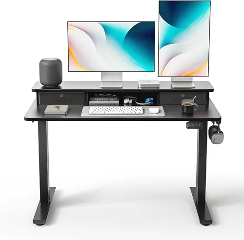 FEZIBO Escritorio de pie de 48 x 24 pulgadas con altura ajustable, escritorio eléctrico de pie con doble cajón, escritorio de oficina en casa con 4