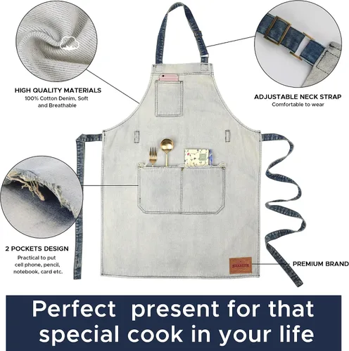 Miniatura 6 de Delantal de Chef de Mezclilla para Mujeres con Bolsillos, Delantal de Cocina de Camarera de Jean para Hombres para Cocinar Jardinería Pintura