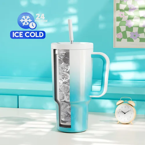 Miniatura 2 de Meoky - Vaso de 30 oz con asa, tapa y pajilla, taza de viaje térmica de acero inoxidable 100% a prueba de fugas, para portavasos, mantiene el frío