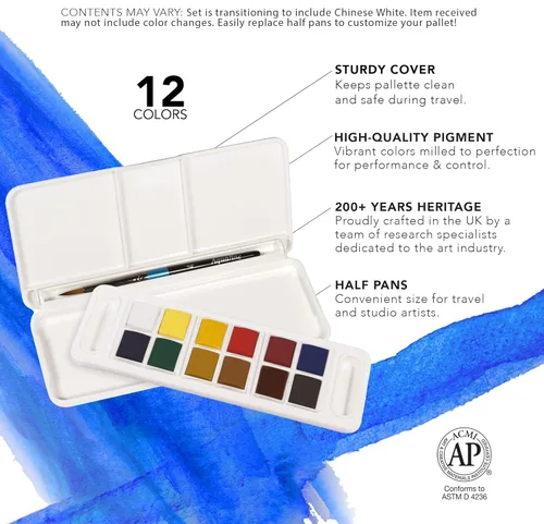 Miniatura 3 de Daler Rowney Aquafine - Juego de viaje de acuarela de 12 piezas, juego de pintura de acuarela para papel de acuarela y más, juego de acuarela