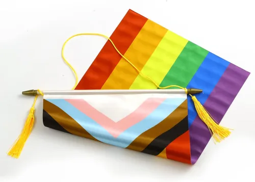 Miniatura 5 de CANTENDO Paquete de 2 banderas de pared con diseño de arco iris del progreso del orgullo progresivo, bandera colgante gay LGBTQ con poste colgante