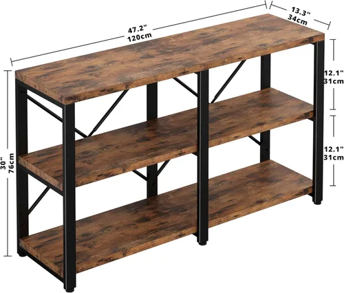 Miniatura 2 de IRONCK Estantería de doble ancho de 47 pulgadas con 3 niveles, librerías industriales, estanterías de madera y metal, estantes de libros