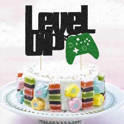 Miniatura 3 de Level Up - Decoración para tartas con purpurina negra y verde para fiesta de videojuegos, controlador de videojuegos, fanáticos de juegos, temática