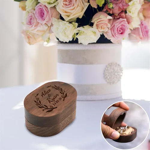 Miniatura 6 de Caja de anillo de boda personalizada para ceremonia, caja de anillo ovalada de madera, caja de soporte para anillos de boda para él y ella, caja