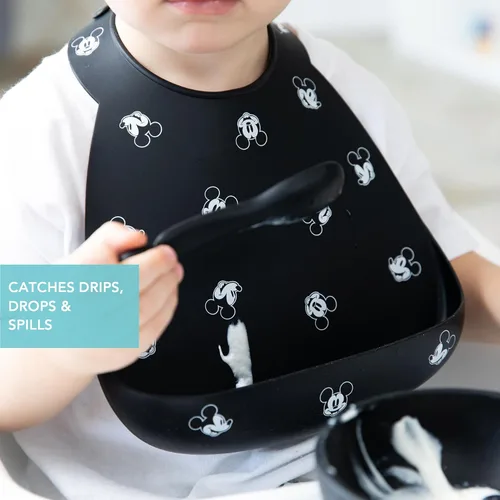 Miniatura 4 de Bumkins Baberos de Disney, bolsillo de silicona para bebés, babero para niña o niño, para niños de 6 a 24 meses, imprescindible para comer, Mickey