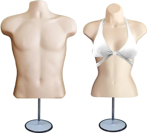 Miniatura 37 de Torso de maniquí masculino y femenino con soporte de metal, cuerpo hueco en la espalda, forma de vestido apilable para exhibición de camisetas, Gris