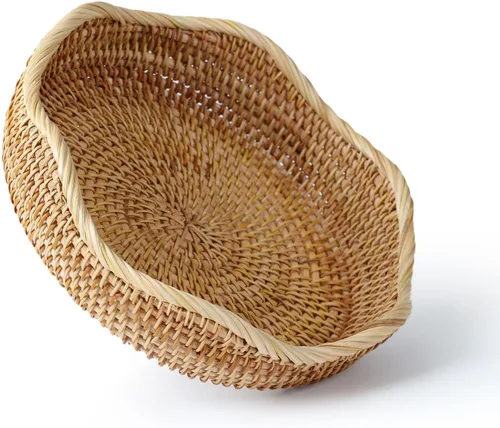 YANGQIHOME Cesta de pan de ratán, cestas de frutas redondas, cuencos de almacenamiento de mimbre, cuencos de cesta de servicio tejida natural,