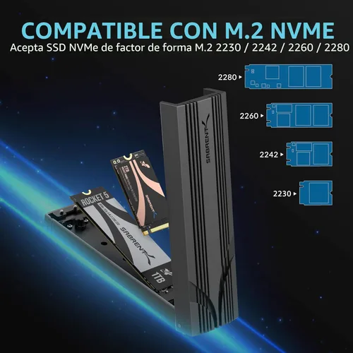 Miniatura 7 de SABRENT Carcasa USB C NVMe, Carcasa SSD M.2 sin herramientas para 2230-2280, adaptador USB 3.2 Gen 2 de 10 Gbps, refrigeración de aluminio, carcasa