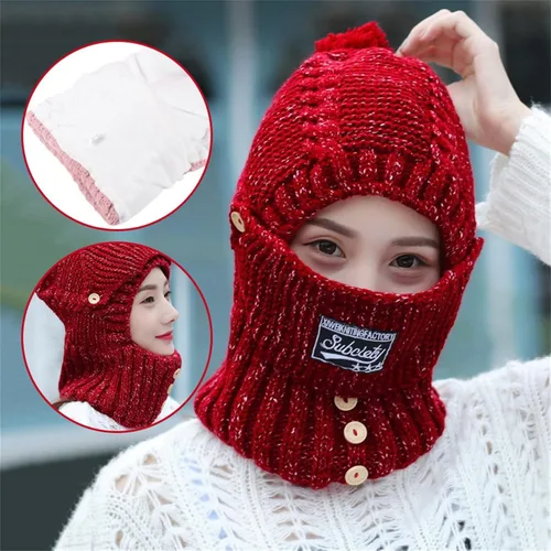 Miniatura 3 de Máscara 2 en 1 para mujer, bufanda de punto, gorro elástico cálido de invierno con protectores de oídos, resistente al viento, gorra integrada