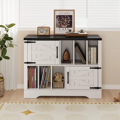 Miniatura 9 de GarveeHome Almacenamiento de discos de vinilo grande de 39 pulgadas, soporte para tocadiscos de madera de granja con armario de almacenamiento y 2