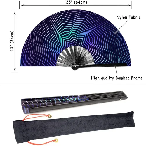 Miniatura 2 de Ventilador de mano plegable grande para mujeres/hombres, chinos/japoneses con bambú y tela de nailon, para actuaciones, decoraciones, bailes