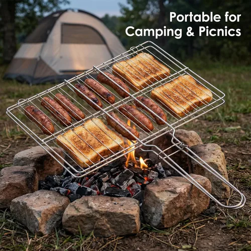 Miniatura 7 de Cesta de acero inoxidable para barbacoa al aire libre, rejilla de parrilla con cerradura resistente para pescado, verduras, carne, camarones, carne