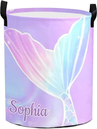 Cesta de lavandería con cola de sirena, color morado, con nombre, impermeable, con asas, para lavandería, baño, universidad