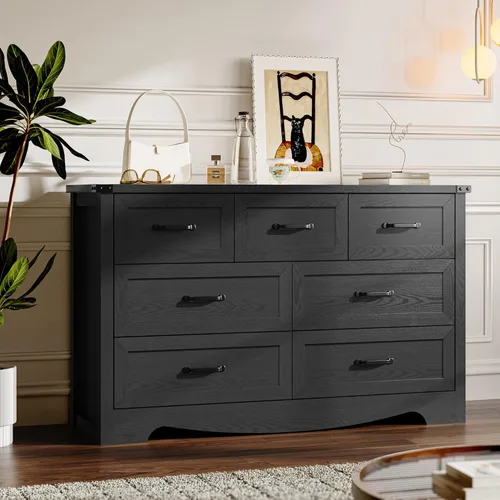 Miniatura 10 de BORNOON - Cómoda de 7 cajones para dormitorio, cómoda de madera moderna con manijas de metal, diseño antivuelco, organizador de almacenamiento Blanco