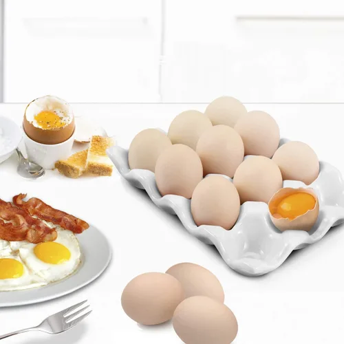 Miniatura 3 de Flexzion Soporte para huevos de cerámica para 12 huevos, caja de almacenamiento de 12 bandejas de huevos de porcelana, plato antideslizante