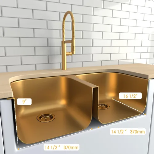 Miniatura 7 de LQS Fregadero de cocina dorado de 32 x 18 pulgadas, fregaderos de cocina empotrados, fregaderos de acero inoxidable de doble tazón 50/50