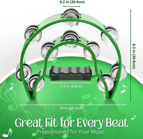 Miniatura 4 de Flexzion - Pandereta de metal en forma de media luna con sonajas de doble fila, instrumentos de percusión de mano con mango ergonómico, panderetas