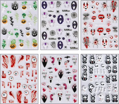 Miniatura 7 de 6 hojas de calcomanías de arte de uñas de Halloween, 5D estéreo, autoadhesivas, diseño de ojos holográficos, fantasma, llama, calabaza, día