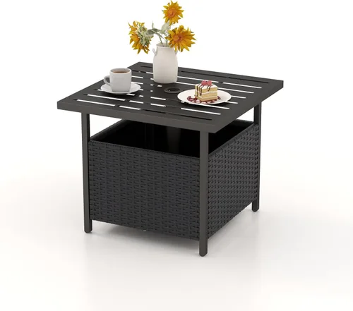 LDAILY Mesa de patio con agujero para paraguas, 22 pulgadas de profundidad x 22 pulgadas de ancho, mesa de mimbre de ratán de polietileno, mesa