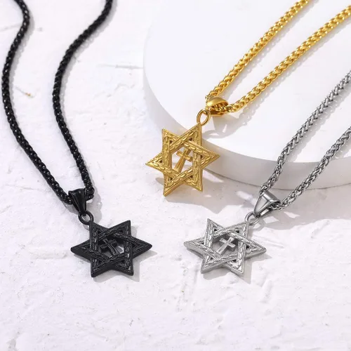 Miniatura 5 de GOLDCHIC JEWELRY David Star Necklace for Men, Stainless Steel Cross Pendant Jewish Israel Jewelry with Water Wave Chain
