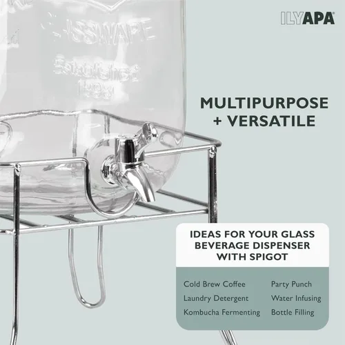Miniatura 7 de Ilyapa Dispensador de bebidas de vidrio para exteriores con base de metal resistente, espita de acero inoxidable y pizarra colgante - Dispensador