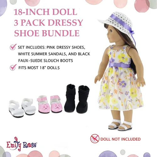 Miniatura 3 de Emily Rose Ropa para muñecas: paquete de 3 zapatos de muñeca de 18 pulgadas, juego de regalo de valor: zapatos rosados, sandalias blancas y botas