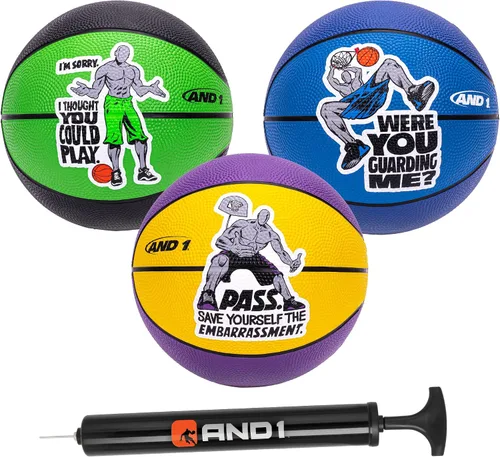 Miniatura 9 de Paquete de 3 juegos de mini baloncesto AND1 para niños (desinflada con bomba incluida): - Tamaño 3, balones de baloncesto premium para jóvenes de 7