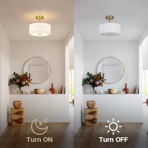 Miniatura 5 de Lámpara de techo moderna semiempotrada con pantalla de tela plisada, lámpara dorada de tambor de 12.5 pulgadas con luces, lámpara de lino blanco